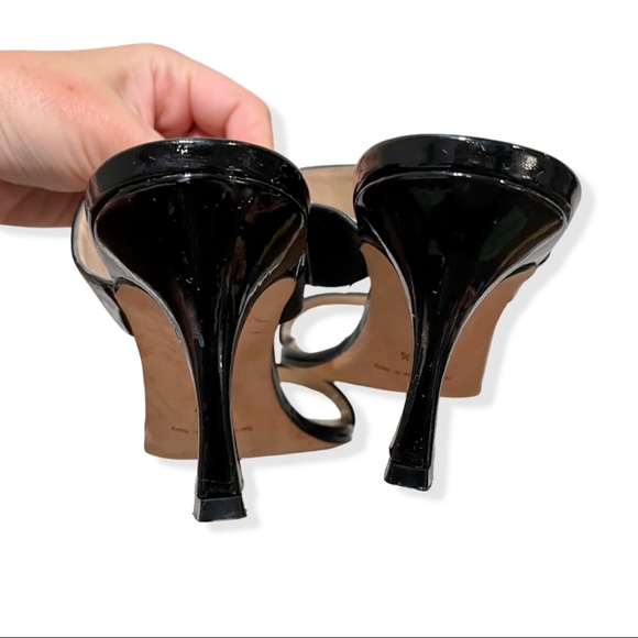 Manolo Blahnik Angufac 70 Black Patent Leather Double Strap Mule Heeled Sandals - Picture 4 of 8